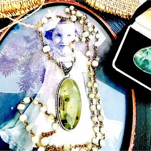 Large Filigree Dendritic Opal 925 Oval Drop Pendant on Vintage Beaded Necklace